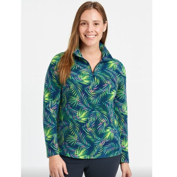 Lands' End Women's SZ M/Tall Baltic Multi Palm Print 1/4 Zip Fleece Pullover NWT - Picture 1 of 6